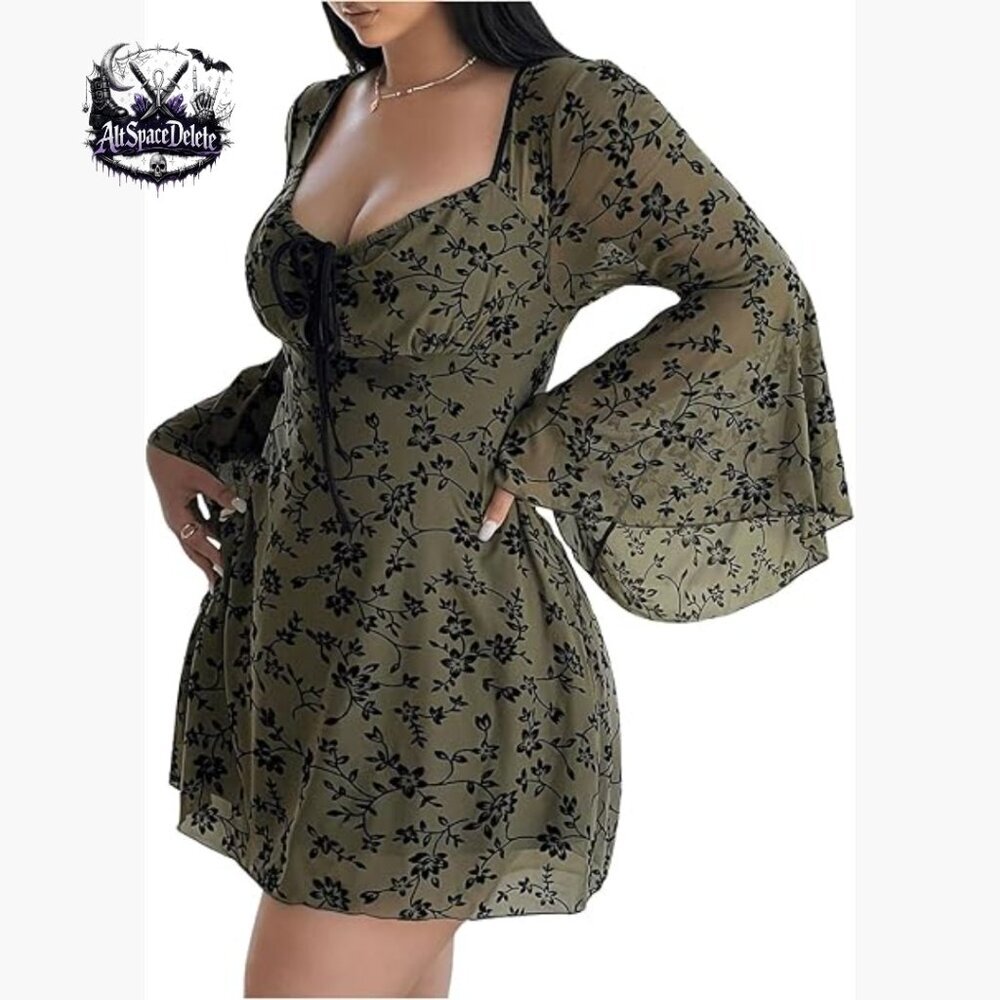 Plus Size Floral Gothic Dress Long Sleeve Mesh A-Line Grunge Style